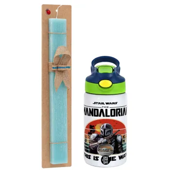 Mandalorian, Easter Set, Children's thermal stainless steel bottle with safety straw, green/blue (350ml) & aromatic flat Easter candle (30cm) (TURQUOISE)