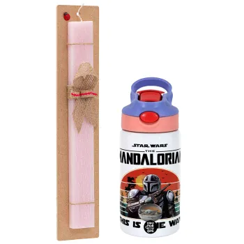 Mandalorian, Easter Set, Children's thermal stainless steel water bottle with safety straw, pink/purple (350ml) & Easter scented flat candle (30cm) (PINK)