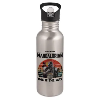 Mandalorian, Water bottle Silver with straw, stainless steel 600ml