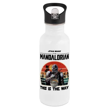 Mandalorian, White water bottle with straw, stainless steel 600ml