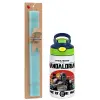 Easter Set, Children's thermal stainless steel bottle with safety straw, green/blue (350ml) & aromatic flat Easter candle (30cm) (TURQUOISE)