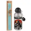 Easter Set, metallic silver aluminum water bottle (500ml) & scented flat Easter candle (30cm) (TURQUOISE)