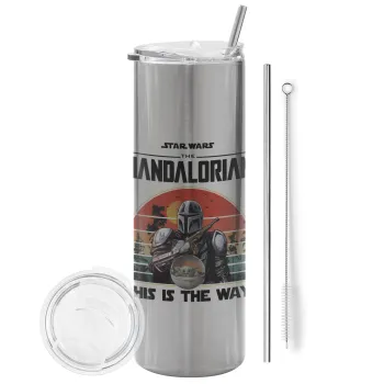 Mandalorian, Tumbler ποτήρι θερμό Ασημένιο από ανοξείδωτο ατσάλι 600ml, με μεταλλικό καλαμάκι & βούρτσα καθαρισμού