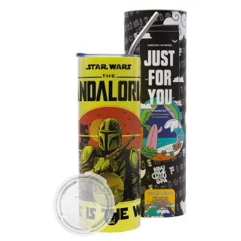 Mandalorian, Neon Yellow Travel Tumbler θερμό, μεταλλικό καλαμάκι(Ανωξείδωτο 304 Food grade, BPA free, 600ml)