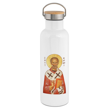 Saint Nicholas orthodox , Stainless steel White with wooden lid (bamboo), double wall, 750ml