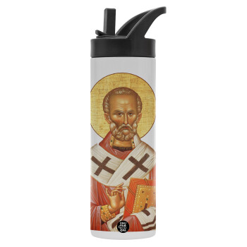 Saint Nicholas orthodox , Metallic thermos bottle with straw & handle, stainless steel (Stainless steel 304), double-walled, 600ml.