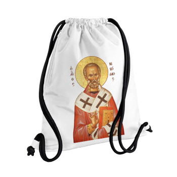 Saint Nicholas orthodox , Backpack pouch GYMBAG white, with pocket (40x48cm) & thick cords