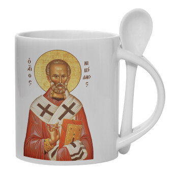 Saint Nicholas orthodox , Ceramic coffee mug with Spoon, 330ml (1pcs)