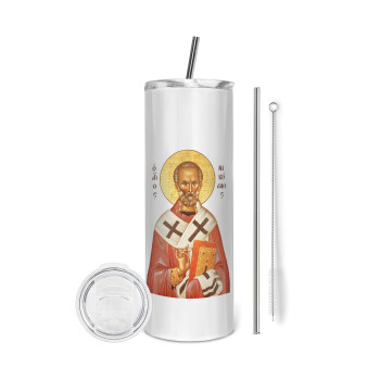 Saint Nicholas orthodox , Eco friendly stainless steel tumbler 600ml, with metal straw & cleaning brush