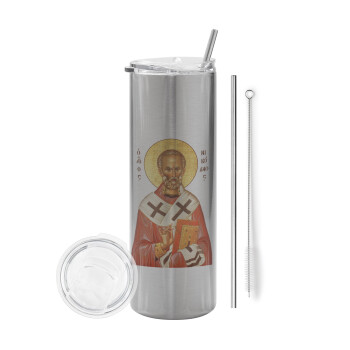 Saint Nicholas orthodox , Tumbler stainless steel Silver 600ml, with metal straw & cleaning brush