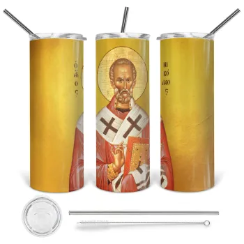 Saint Nicholas orthodox , Tumbler stainless steel 600ml, with metal straw & cleaning brush