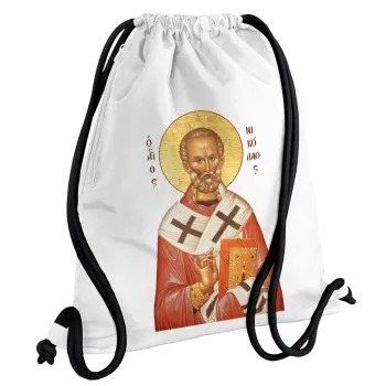 Saint Nicholas orthodox , Backpack pouch GYMBAG white, with pocket (40x48cm) & thick cords