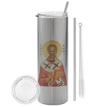 Άγιος Νικόλαος, Tumbler ποτήρι θερμό Ασημένιο από ανοξείδωτο ατσάλι 600ml, με μεταλλικό καλαμάκι & βούρτσα καθαρισμού