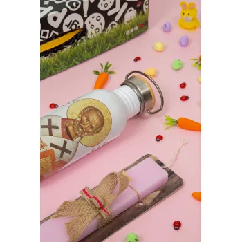 Άγιος Νικόλαος, Πασχαλινή Λαμπάδα με παγούρι μεταλλικό (620ml, stainless steel) & κερί αρωματικό πλακέ (30cm) (ΡΟΖ)