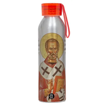Άγιος Νικόλαος, Αλουμινένιο Αθλητικό Μπουκάλι 650ml – Ασημί με Κόκκινο Καπάκι και Λουράκι Σιλικόνης