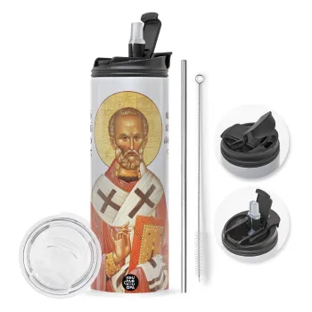 Saint Nicholas orthodox , Travel Tumbler 2 Lids, with metal straw & cleaning brush (Stainless steel 304 Food grade, BPA free, 600ml)