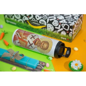 Άγιος Νικόλαος, Πασχαλινή Λαμπάδα με Travel Tumbler θερμό με διπλό καπάκι (600ml, BPA free) & κερί αρωματικό πλακέ (30cm) (ΤΙΡΚΟΥΑΖ)