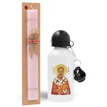 Saint Nicholas orthodox , Easter Set, metallic aluminum bottle (500ml) & aromatic flat Easter candle (30cm) (PINK)