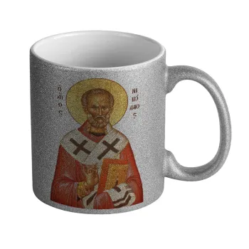 Saint Nicholas orthodox , Κούπα Ασημένια Glitter που γυαλίζει, κεραμική, 330ml