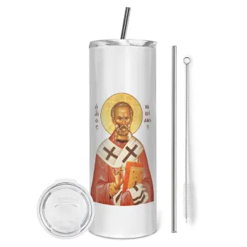 Άγιος Νικόλαος, Tumbler ποτήρι θερμό από ανοξείδωτο ατσάλι 600ml, με μεταλλικό καλαμάκι & βούρτσα καθαρισμού