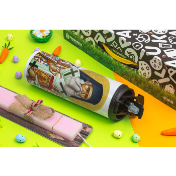 Saint Nektarios, Easter candle,Travel Tumbler 2 Lids, with metal straw & cleaning brush & aromatic flat candle (30cm) (PINK)
