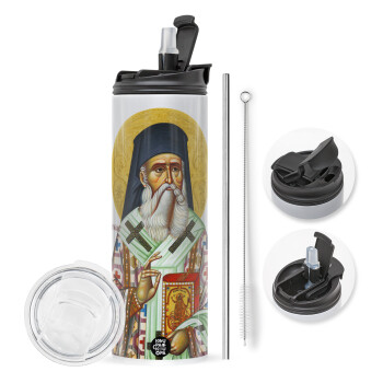 Saint Nektarios, Travel Tumbler 2 Lids, with metal straw & cleaning brush (Stainless steel 304 Food grade, BPA free, 600ml)