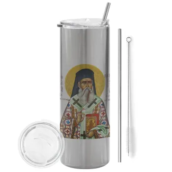 Άγιος Νεκτάριος, Tumbler ποτήρι θερμό Ασημένιο από ανοξείδωτο ατσάλι 600ml, με μεταλλικό καλαμάκι & βούρτσα καθαρισμού
