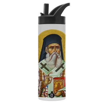 Saint Nektarios, Metallic thermos bottle with straw & handle, stainless steel (Stainless steel 304), double-walled, 600ml.