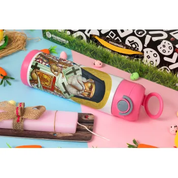 Άγιος Νεκτάριος, Πασχαλινή Λαμπάδα με Παιδικό παγούρι θερμό, ανοξείδωτο, με καλαμάκι ασφαλείας, ΡΟΖ (500ml)