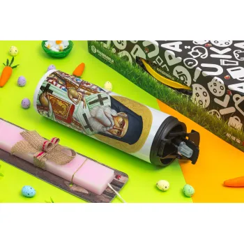Saint Nektarios, Easter candle,Travel Tumbler 2 Lids, with metal straw & cleaning brush & aromatic flat candle (30cm) (PINK)