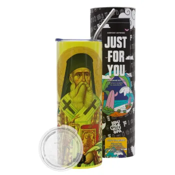 Άγιος Νεκτάριος, Neon Yellow Travel Tumbler θερμό, μεταλλικό καλαμάκι(Ανωξείδωτο 304 Food grade, BPA free, 600ml)