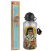 Easter Set, metallic silver aluminum water bottle (500ml) & scented flat Easter candle (30cm) (TURQUOISE)