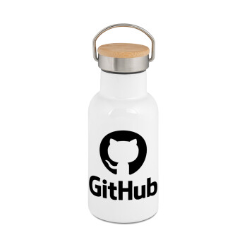 GitHub, Μεταλλικό παγούρι θερμός (Stainless steel) Λευκό με ξύλινο καπακι (bamboo), διπλού τοιχώματος, 350ml
