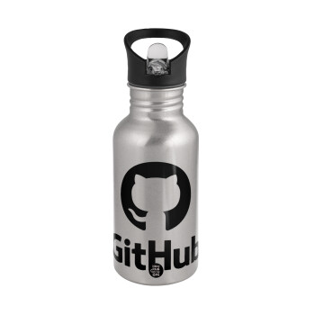 GitHub, Water bottle Silver with straw, stainless steel 500ml