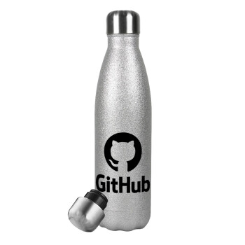 GitHub, Μεταλλικό παγούρι θερμός Glitter Aσημένιο (Stainless steel), διπλού τοιχώματος, 500ml