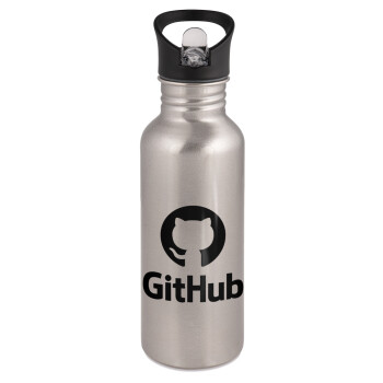 GitHub, Water bottle Silver with straw, stainless steel 600ml