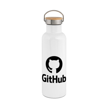GitHub, Μεταλλικό παγούρι θερμός (Stainless steel) Λευκό με ξύλινο καπάκι (bamboo), διπλού τοιχώματος, 750ml
