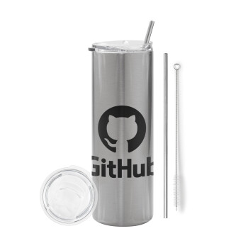 GitHub, Eco friendly ποτήρι θερμό Ασημένιο (tumbler) από ανοξείδωτο ατσάλι 600ml, με μεταλλικό καλαμάκι & βούρτσα καθαρισμού