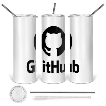 GitHub, Tumbler ποτήρι θερμό από ανοξείδωτο ατσάλι 600ml, με μεταλλικό καλαμάκι & βούρτσα καθαρισμού