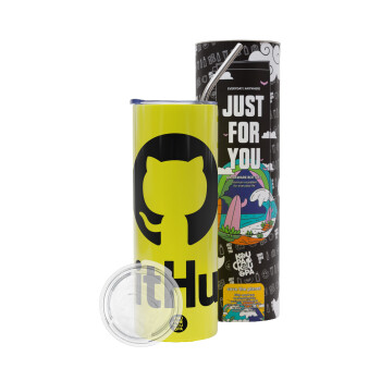 GitHub, Neon Yellow Travel Tumbler θερμό, μεταλλικό καλαμάκι(Ανωξείδωτο 304 Food grade, BPA free, 600ml)