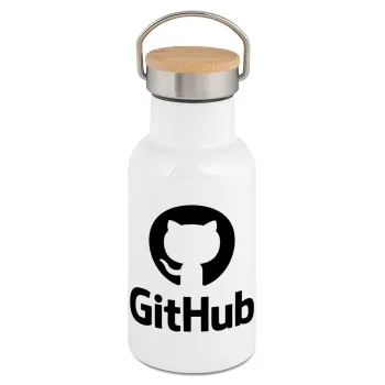 GitHub, Metallic thermos (Stainless steel) White with wooden lid (bamboo), double-walled, 350ml