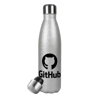 GitHub, Metallic Glitter Silver Thermos Flask (Stainless steel), double-walled, 500ml
