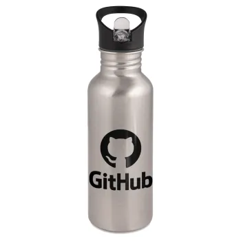 GitHub, Water bottle Silver with straw, stainless steel 600ml
