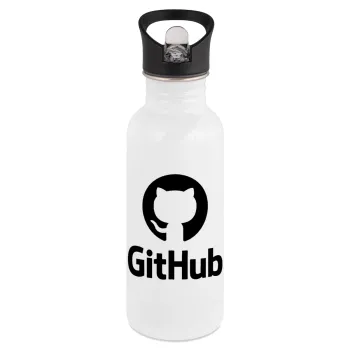 GitHub, White water bottle with straw, stainless steel 600ml