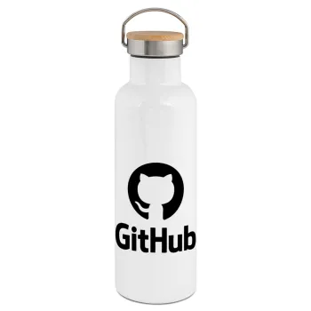 GitHub, Stainless steel White with wooden lid (bamboo), double wall, 750ml