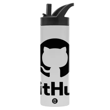 GitHub, Metallic thermos bottle with straw & handle, stainless steel (Stainless steel 304), double-walled, 600ml.