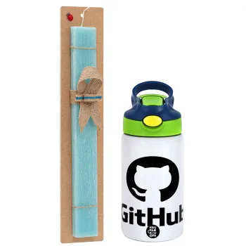 GitHub, Easter Set, Children's thermal stainless steel bottle with safety straw, green/blue (350ml) & aromatic flat Easter candle (30cm) (TURQUOISE)