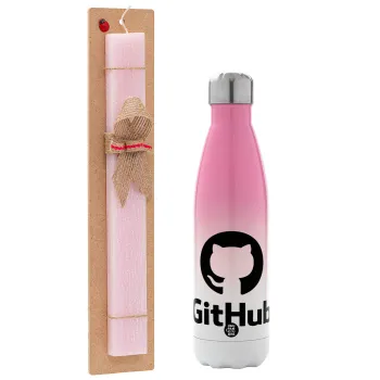 GitHub, Easter Set, Metallic pink/white (Stainless steel) thermos, double-walled, 500ml & aromatic flat Easter candle (30cm) (PINK)