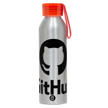 GitHub, Αλουμινένιο Αθλητικό Μπουκάλι 650ml – Ασημί με Κόκκινο Καπάκι και Λουράκι Σιλικόνης