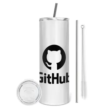 GitHub, Tumbler ποτήρι θερμό από ανοξείδωτο ατσάλι 600ml, με μεταλλικό καλαμάκι & βούρτσα καθαρισμού